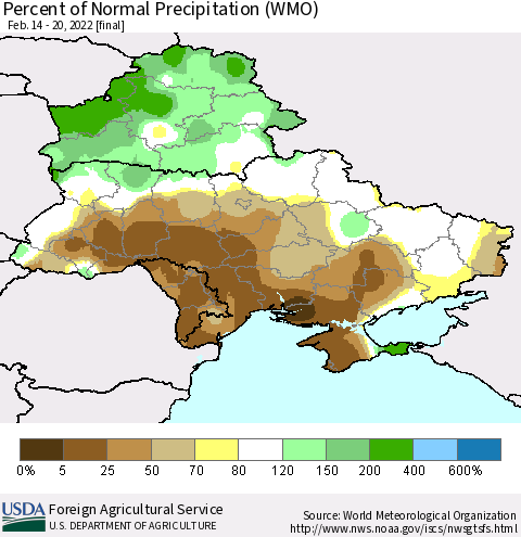 Ukraine, Moldova and Belarus Percent of Normal Precipitation (WMO) Thematic Map For 2/14/2022 - 2/20/2022