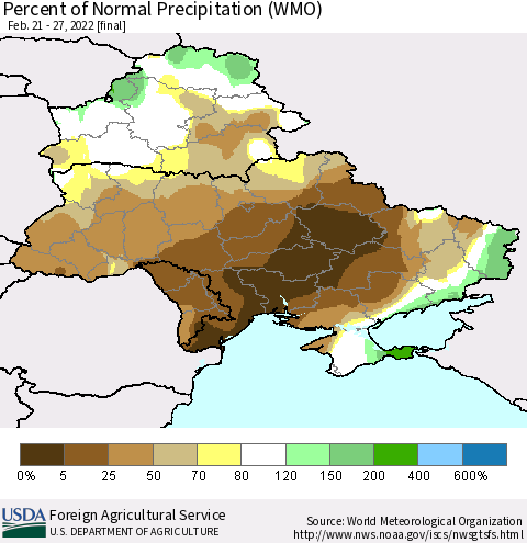 Ukraine, Moldova and Belarus Percent of Normal Precipitation (WMO) Thematic Map For 2/21/2022 - 2/27/2022