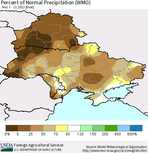 Ukraine, Moldova and Belarus Percent of Normal Precipitation (WMO) Thematic Map For 3/7/2022 - 3/13/2022