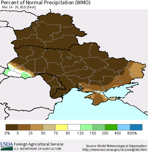 Ukraine, Moldova and Belarus Percent of Normal Precipitation (WMO) Thematic Map For 3/14/2022 - 3/20/2022