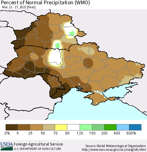 Ukraine, Moldova and Belarus Percent of Normal Precipitation (WMO) Thematic Map For 3/21/2022 - 3/27/2022
