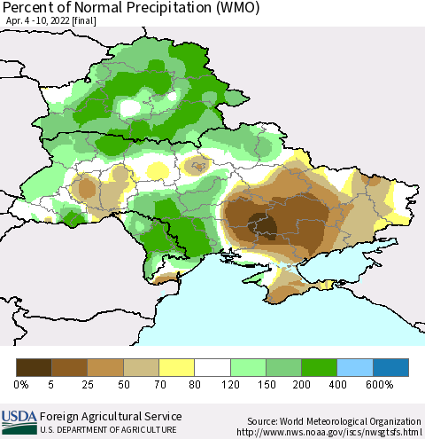 Ukraine, Moldova and Belarus Percent of Normal Precipitation (WMO) Thematic Map For 4/4/2022 - 4/10/2022