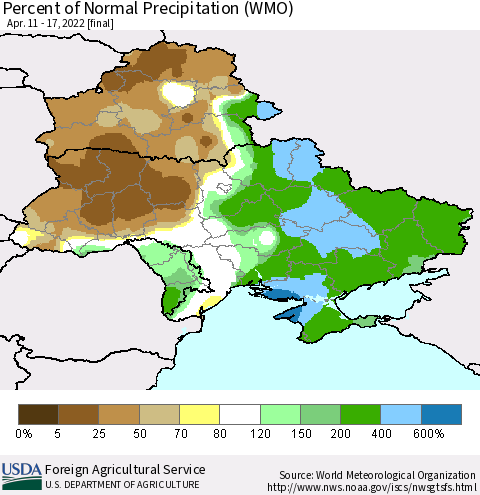 Ukraine, Moldova and Belarus Percent of Normal Precipitation (WMO) Thematic Map For 4/11/2022 - 4/17/2022