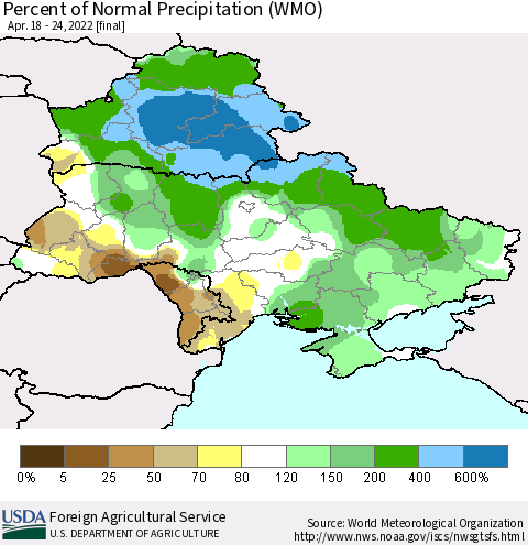 Ukraine, Moldova and Belarus Percent of Normal Precipitation (WMO) Thematic Map For 4/18/2022 - 4/24/2022