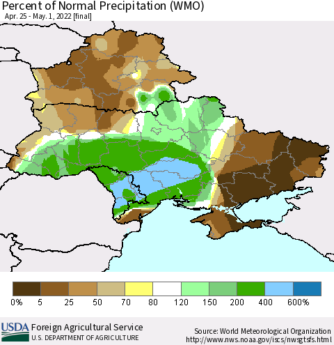 Ukraine, Moldova and Belarus Percent of Normal Precipitation (WMO) Thematic Map For 4/25/2022 - 5/1/2022