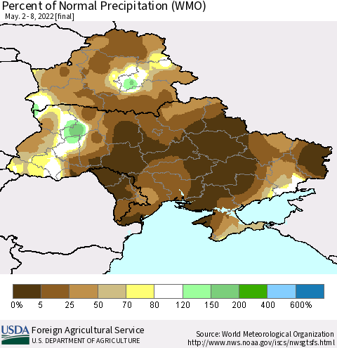 Ukraine, Moldova and Belarus Percent of Normal Precipitation (WMO) Thematic Map For 5/2/2022 - 5/8/2022