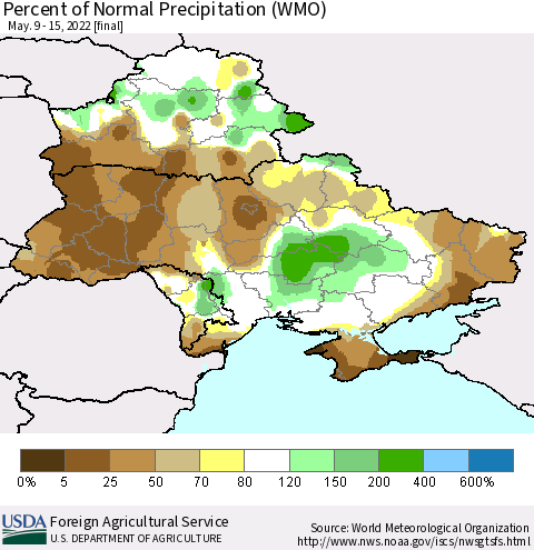 Ukraine, Moldova and Belarus Percent of Normal Precipitation (WMO) Thematic Map For 5/9/2022 - 5/15/2022