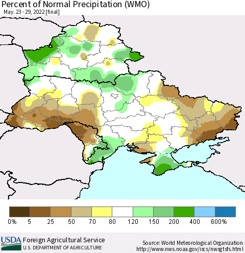 Ukraine, Moldova and Belarus Percent of Normal Precipitation (WMO) Thematic Map For 5/23/2022 - 5/29/2022