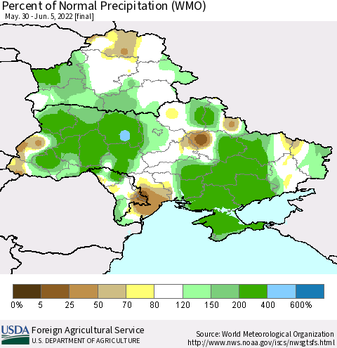 Ukraine, Moldova and Belarus Percent of Normal Precipitation (WMO) Thematic Map For 5/30/2022 - 6/5/2022