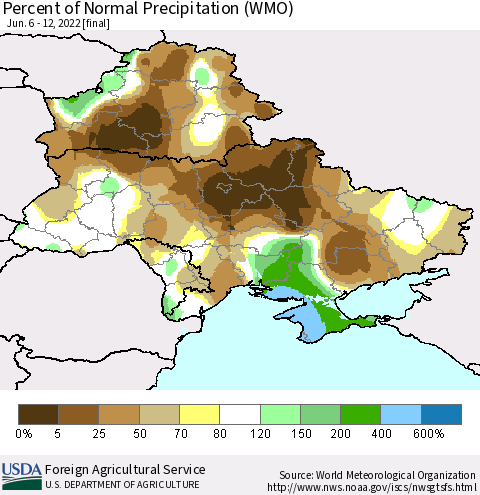 Ukraine, Moldova and Belarus Percent of Normal Precipitation (WMO) Thematic Map For 6/6/2022 - 6/12/2022