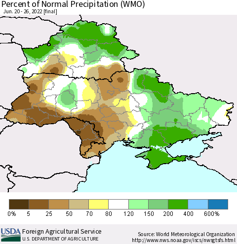 Ukraine, Moldova and Belarus Percent of Normal Precipitation (WMO) Thematic Map For 6/20/2022 - 6/26/2022