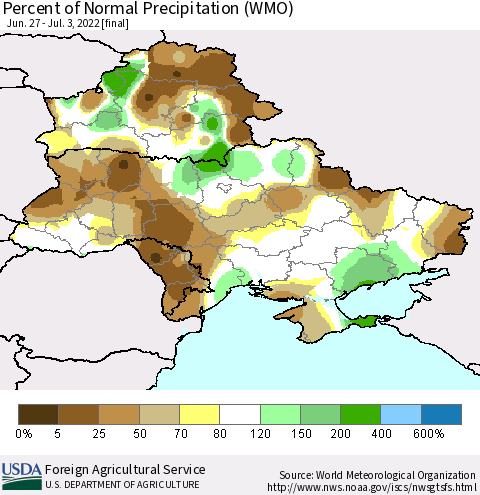 Ukraine, Moldova and Belarus Percent of Normal Precipitation (WMO) Thematic Map For 6/27/2022 - 7/3/2022