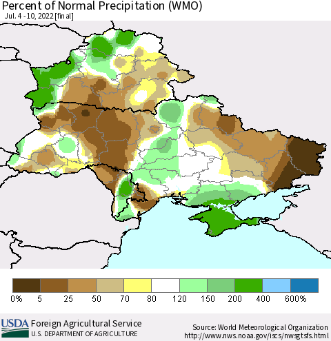 Ukraine, Moldova and Belarus Percent of Normal Precipitation (WMO) Thematic Map For 7/4/2022 - 7/10/2022