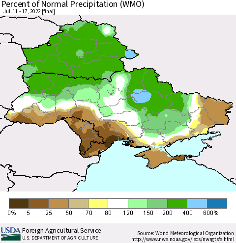 Ukraine, Moldova and Belarus Percent of Normal Precipitation (WMO) Thematic Map For 7/11/2022 - 7/17/2022