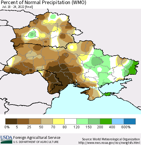 Ukraine, Moldova and Belarus Percent of Normal Precipitation (WMO) Thematic Map For 7/18/2022 - 7/24/2022