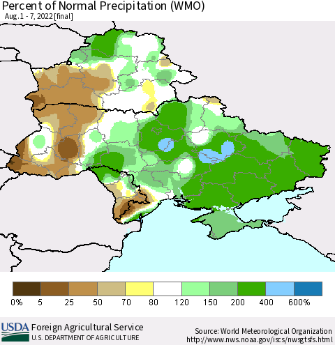 Ukraine, Moldova and Belarus Percent of Normal Precipitation (WMO) Thematic Map For 8/1/2022 - 8/7/2022