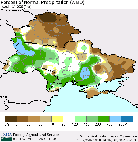 Ukraine, Moldova and Belarus Percent of Normal Precipitation (WMO) Thematic Map For 8/8/2022 - 8/14/2022
