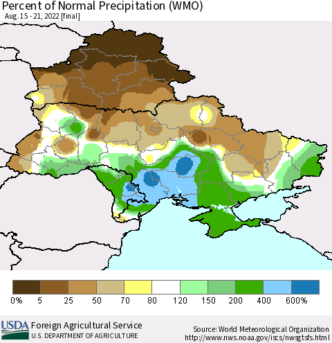Ukraine, Moldova and Belarus Percent of Normal Precipitation (WMO) Thematic Map For 8/15/2022 - 8/21/2022