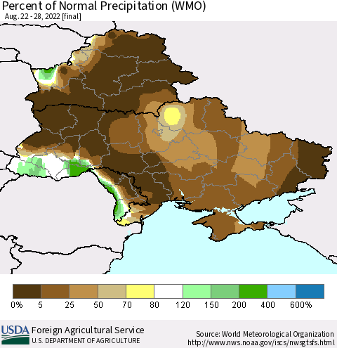 Ukraine, Moldova and Belarus Percent of Normal Precipitation (WMO) Thematic Map For 8/22/2022 - 8/28/2022