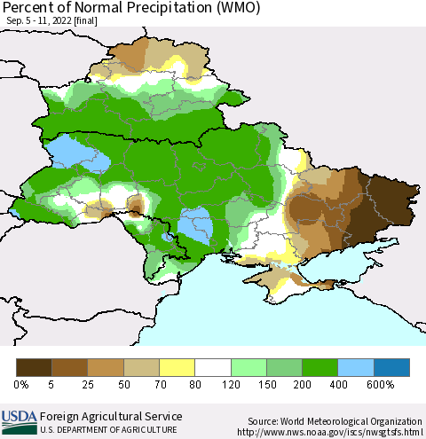 Ukraine, Moldova and Belarus Percent of Normal Precipitation (WMO) Thematic Map For 9/5/2022 - 9/11/2022