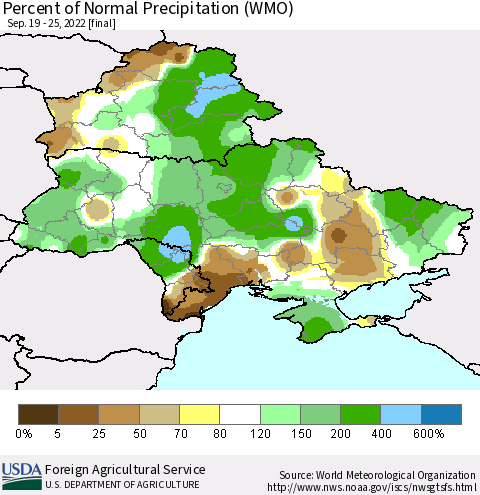 Ukraine, Moldova and Belarus Percent of Normal Precipitation (WMO) Thematic Map For 9/19/2022 - 9/25/2022