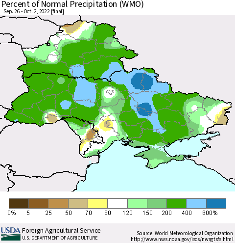 Ukraine, Moldova and Belarus Percent of Normal Precipitation (WMO) Thematic Map For 9/26/2022 - 10/2/2022