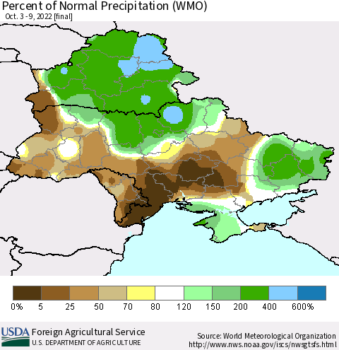 Ukraine, Moldova and Belarus Percent of Normal Precipitation (WMO) Thematic Map For 10/3/2022 - 10/9/2022