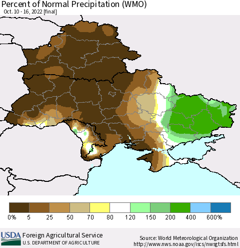 Ukraine, Moldova and Belarus Percent of Normal Precipitation (WMO) Thematic Map For 10/10/2022 - 10/16/2022