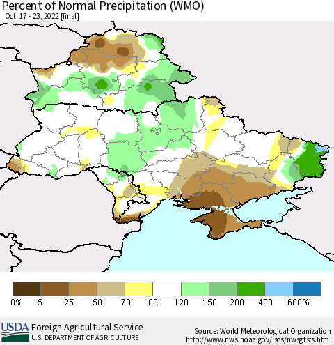 Ukraine, Moldova and Belarus Percent of Normal Precipitation (WMO) Thematic Map For 10/17/2022 - 10/23/2022