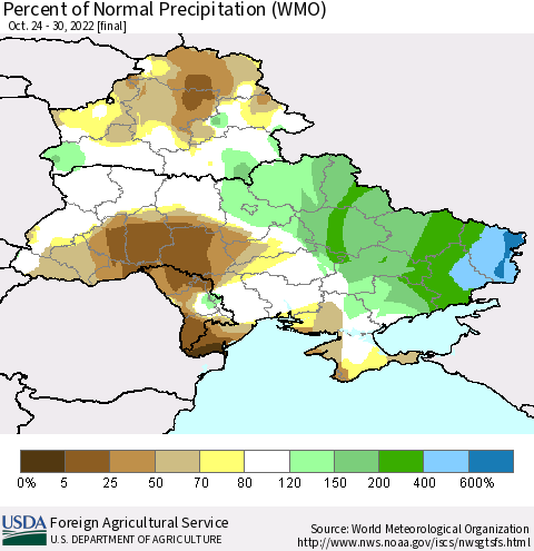 Ukraine, Moldova and Belarus Percent of Normal Precipitation (WMO) Thematic Map For 10/24/2022 - 10/30/2022