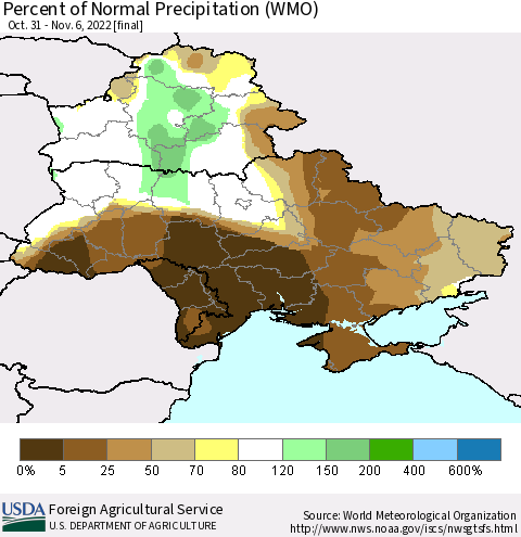 Ukraine, Moldova and Belarus Percent of Normal Precipitation (WMO) Thematic Map For 10/31/2022 - 11/6/2022