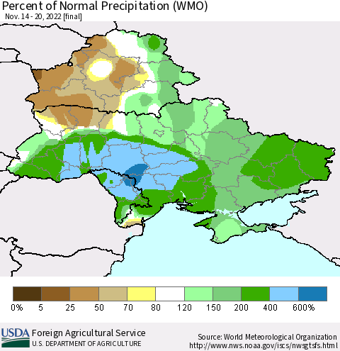 Ukraine, Moldova and Belarus Percent of Normal Precipitation (WMO) Thematic Map For 11/14/2022 - 11/20/2022