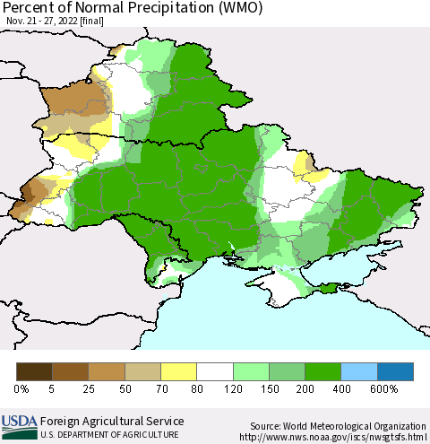 Ukraine, Moldova and Belarus Percent of Normal Precipitation (WMO) Thematic Map For 11/21/2022 - 11/27/2022