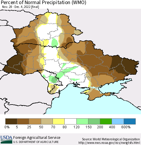 Ukraine, Moldova and Belarus Percent of Normal Precipitation (WMO) Thematic Map For 11/28/2022 - 12/4/2022