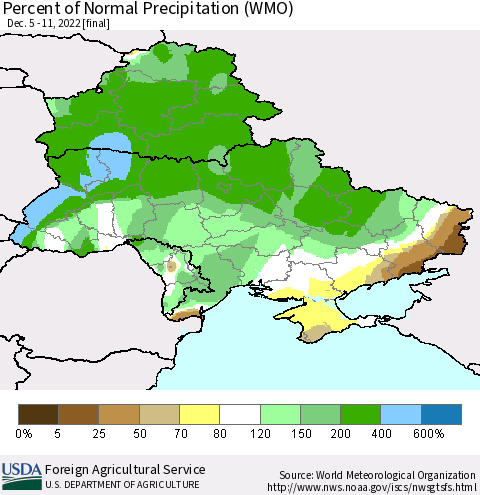 Ukraine, Moldova and Belarus Percent of Normal Precipitation (WMO) Thematic Map For 12/5/2022 - 12/11/2022