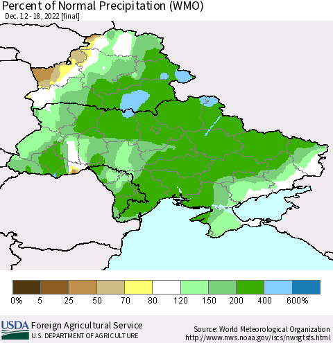 Ukraine, Moldova and Belarus Percent of Normal Precipitation (WMO) Thematic Map For 12/12/2022 - 12/18/2022