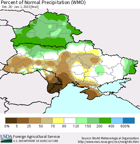 Ukraine, Moldova and Belarus Percent of Normal Precipitation (WMO) Thematic Map For 12/26/2022 - 1/1/2023