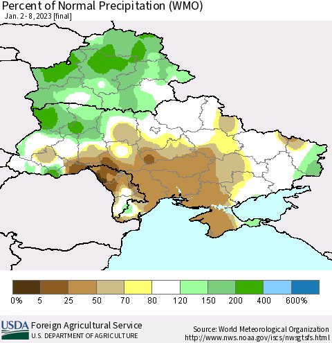 Ukraine, Moldova and Belarus Percent of Normal Precipitation (WMO) Thematic Map For 1/2/2023 - 1/8/2023