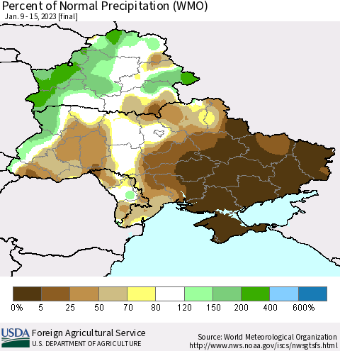 Ukraine, Moldova and Belarus Percent of Normal Precipitation (WMO) Thematic Map For 1/9/2023 - 1/15/2023