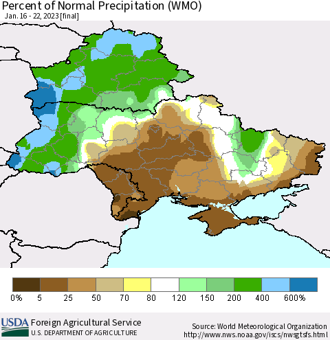 Ukraine, Moldova and Belarus Percent of Normal Precipitation (WMO) Thematic Map For 1/16/2023 - 1/22/2023