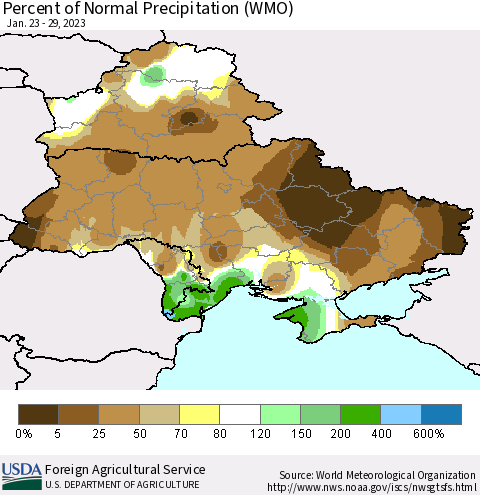 Ukraine, Moldova and Belarus Percent of Normal Precipitation (WMO) Thematic Map For 1/23/2023 - 1/29/2023