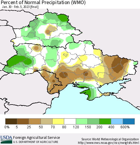 Ukraine, Moldova and Belarus Percent of Normal Precipitation (WMO) Thematic Map For 1/30/2023 - 2/5/2023