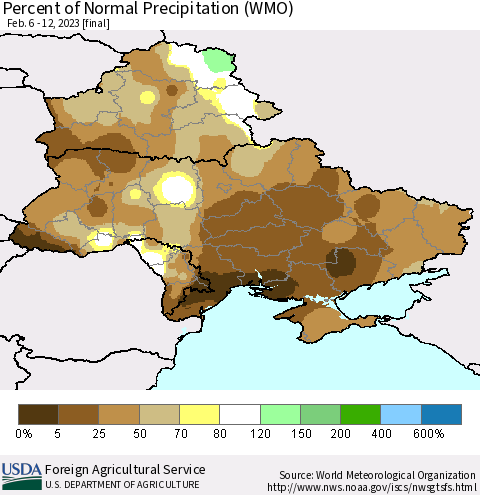 Ukraine, Moldova and Belarus Percent of Normal Precipitation (WMO) Thematic Map For 2/6/2023 - 2/12/2023