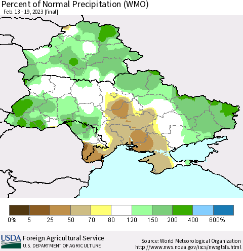 Ukraine, Moldova and Belarus Percent of Normal Precipitation (WMO) Thematic Map For 2/13/2023 - 2/19/2023