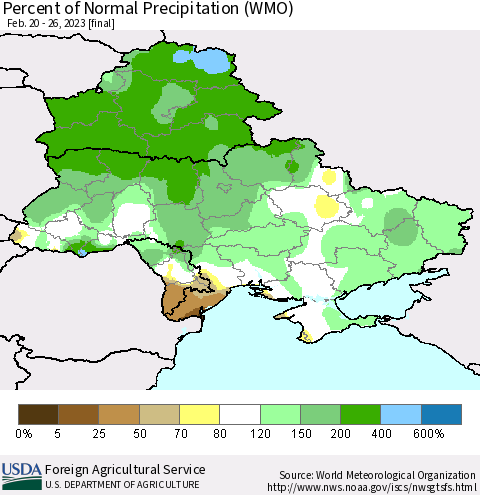Ukraine, Moldova and Belarus Percent of Normal Precipitation (WMO) Thematic Map For 2/20/2023 - 2/26/2023