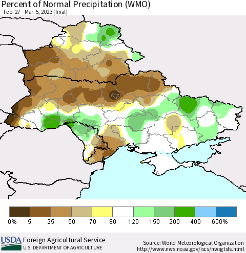 Ukraine, Moldova and Belarus Percent of Normal Precipitation (WMO) Thematic Map For 2/27/2023 - 3/5/2023