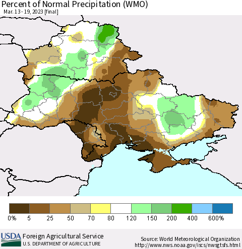 Ukraine, Moldova and Belarus Percent of Normal Precipitation (WMO) Thematic Map For 3/13/2023 - 3/19/2023