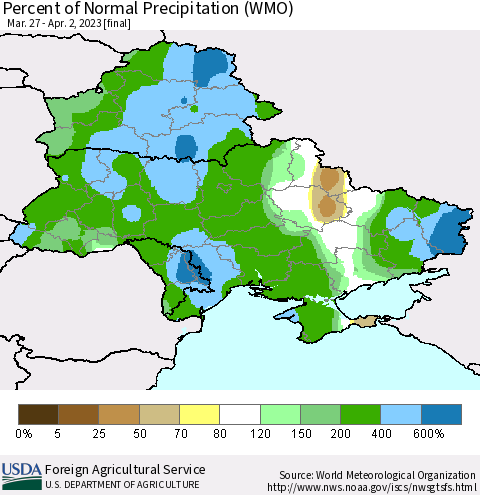 Ukraine, Moldova and Belarus Percent of Normal Precipitation (WMO) Thematic Map For 3/27/2023 - 4/2/2023