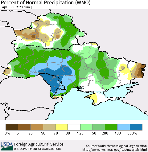 Ukraine, Moldova and Belarus Percent of Normal Precipitation (WMO) Thematic Map For 4/3/2023 - 4/9/2023