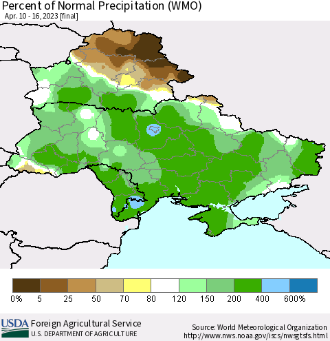 Ukraine, Moldova and Belarus Percent of Normal Precipitation (WMO) Thematic Map For 4/10/2023 - 4/16/2023